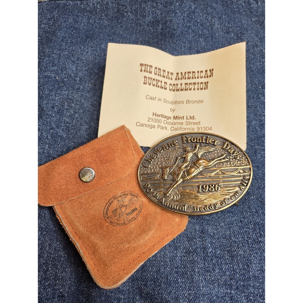 1986 Cheyenne Frontier Days Solid Brass Belt Buckle Heritage Mint w/Case